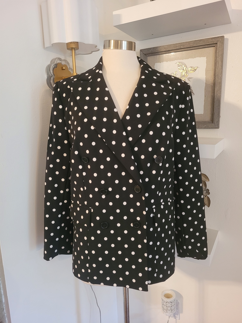 New York & Company Black Polka Dot Double-Breasted Blazer